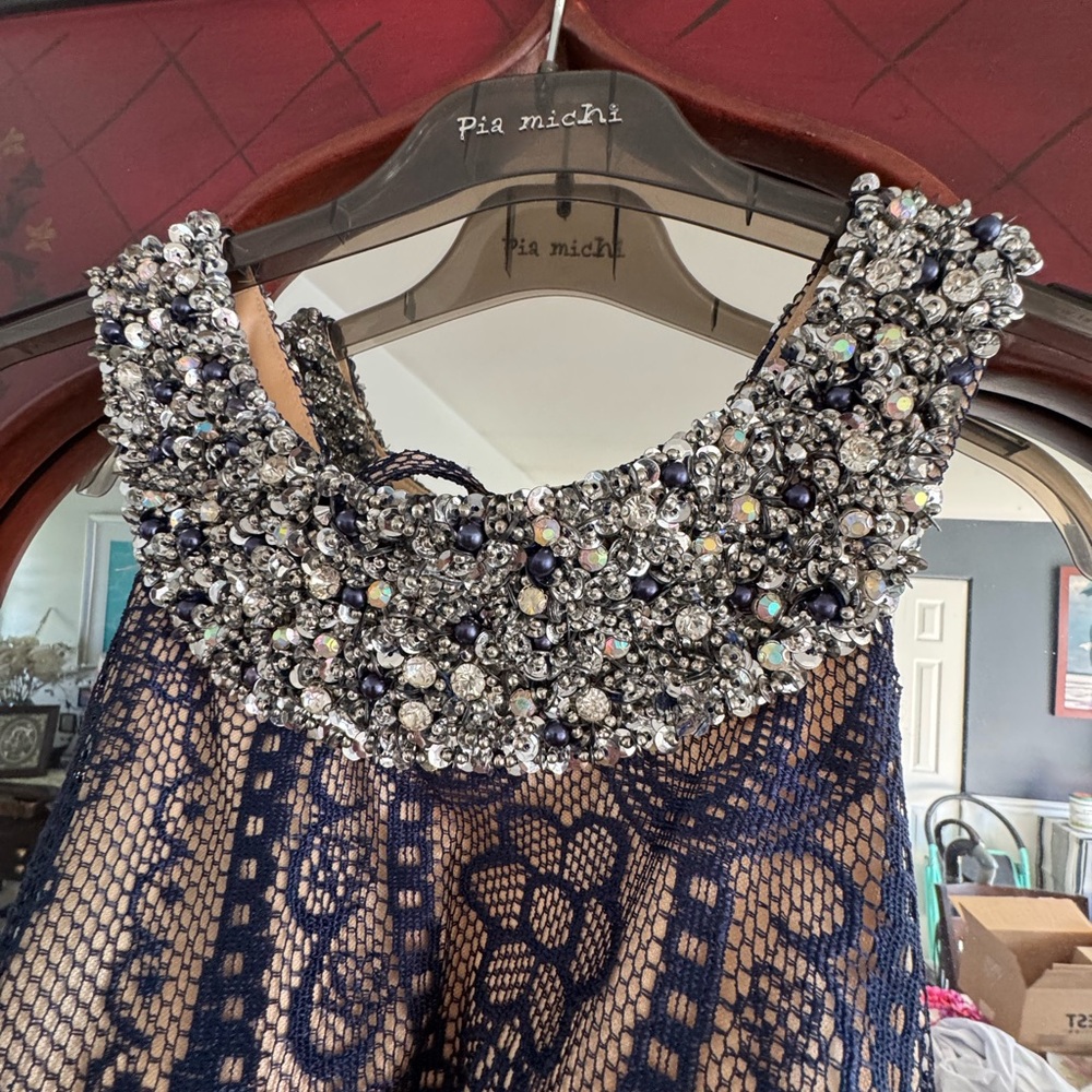 Pia Michi Navy Blue Backless Dress with Silver Embellishments